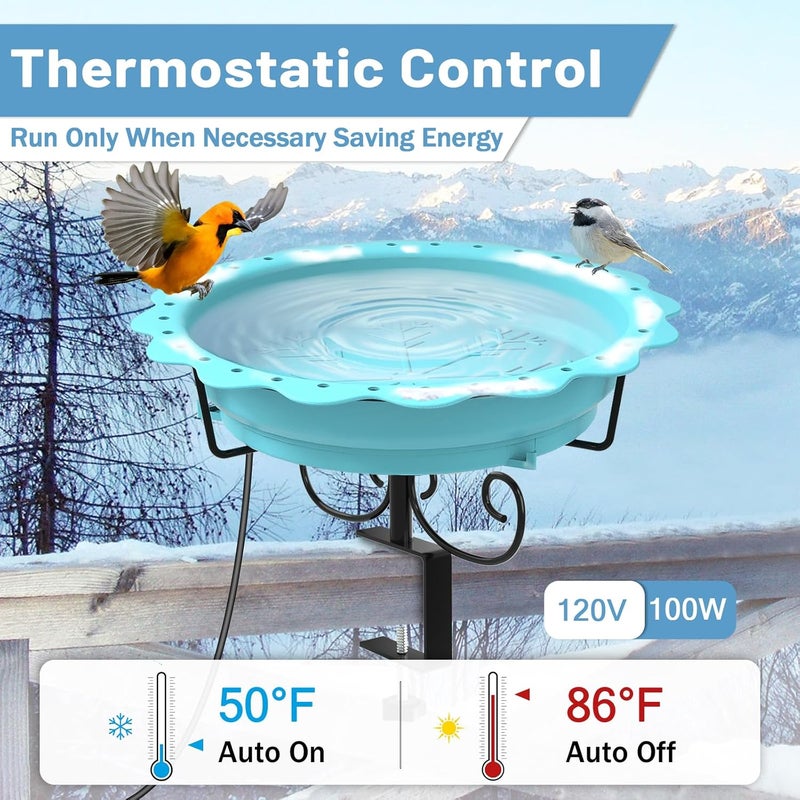 We-buys Heated Bird Baths for Outdoors, 100W Heated Bird Bath for Deck Railing, Heated Birdbath with Thermostat Control, Heated Bird Bath for Outside Winter Garden Patio Yard (Blue) - Image 3
